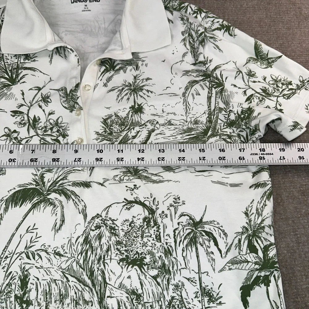 Lands End Womens Green White Tropical Toile Polo Shirt M 10-12 Palm Bird Cotton